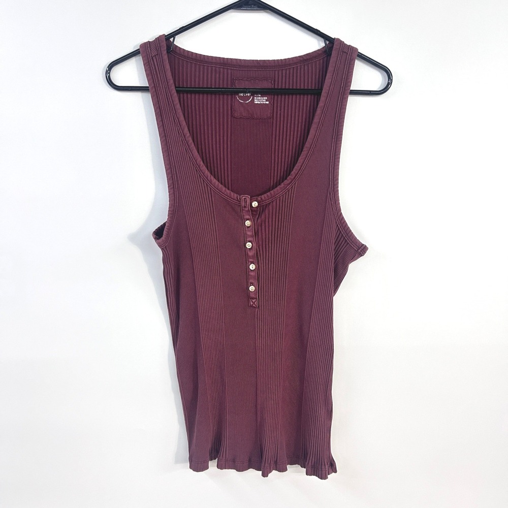 Aerie Ribbed Henley Tank Top XL Burgundy Plum Scoop Neck Y2K Casual Minimalist
